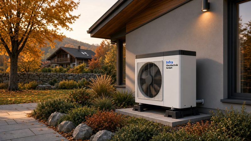 Moderne Wärmepumpe neben einem Einfamilienhaus