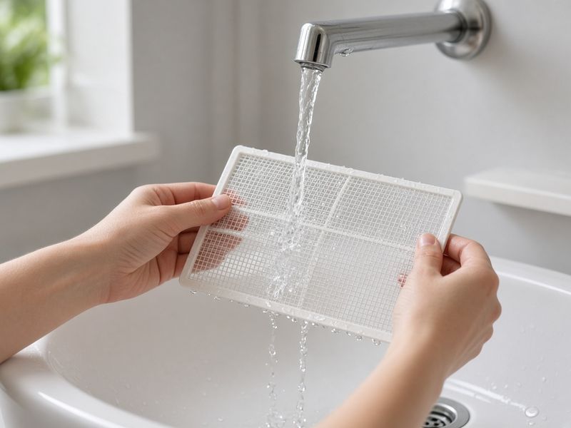Hände spülen den Luftfilter eines Klimageräts unter lauwarmem Wasser aus
