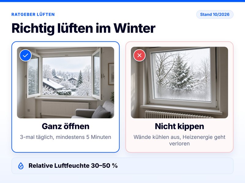 Ventilar correctamente en invierno: foto de una ventana abierta de par en par en invierno (correcto) y de una ventana abatible con el cristal empañado (incorrecto) – 3 veces al día durante al menos 5 minutos, humedad relativa del 30–50 %